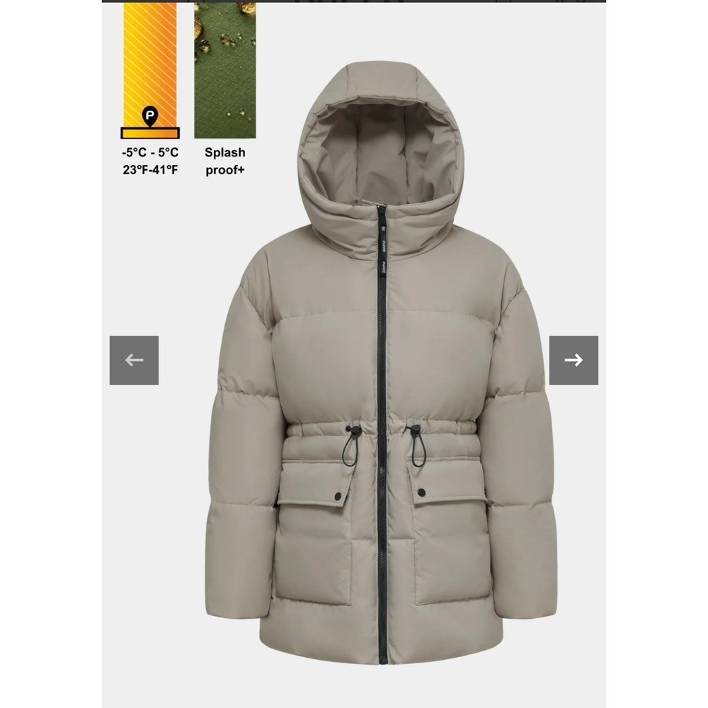 Puffit Women's Small‎ Hooded Mid Length Puffer Jacket Splashproof Modern Taupe